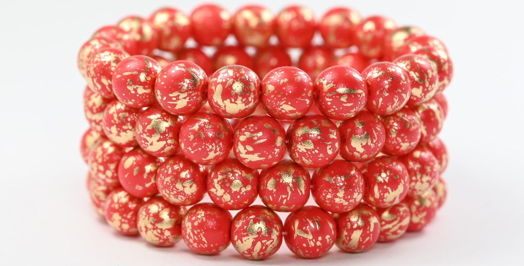 Round Pressed Glass Beads Druck, White Red Golden Splash (02010-13002), Glass, Czech Republic