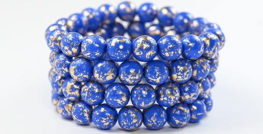 Round Pressed Glass Beads Druck, White Royal Blue Golden Splash (02010-13003), Glass, Czech Republic