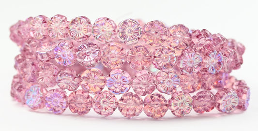 Hawaii Flower Pressed Glass Beads, Crystal Light Fuchsia Pink Ab (00030-34306-AB), Glass, Czech Republic