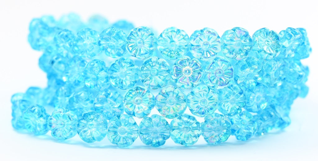 Hawaii Flower Pressed Glass Beads, Crystal Light Aqua Blue Ab (00030-34308-AB), Glass, Czech Republic