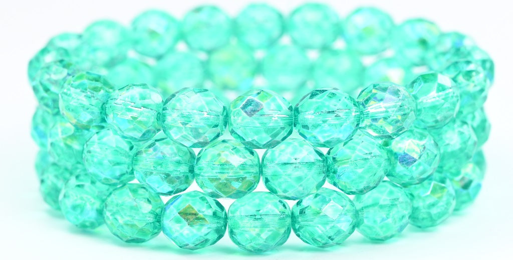 Feuerpolierte, runde, facettierte Perlen, Kristallhelltürkis (00030-34309), Glas, Tschechische Republik