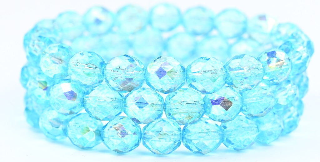 Fire Polished Round Faceted Beads, Crystal Light Aqua Blue (00030-34308), Glass, Czech Republic