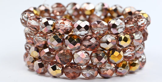 Feuerpolierte runde facettierte Perlen, Crystal Rose Gold Capri (00030-27101), Glas, Tschechische Republik