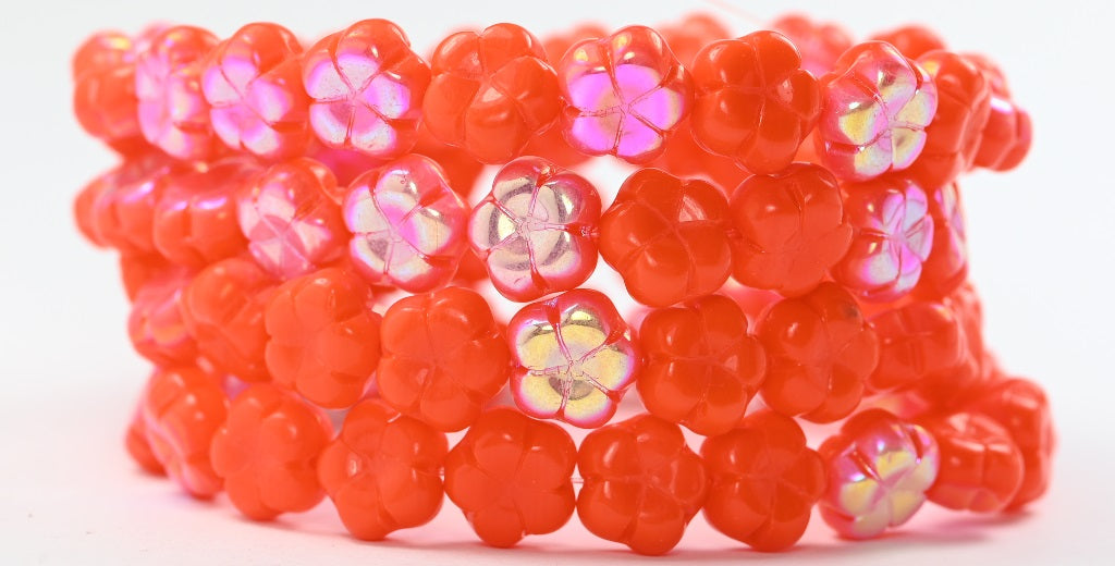 5-Petal Flower Pressed Beads, Deep Orange  Ab (93140-AB), Glass, Czech Republic