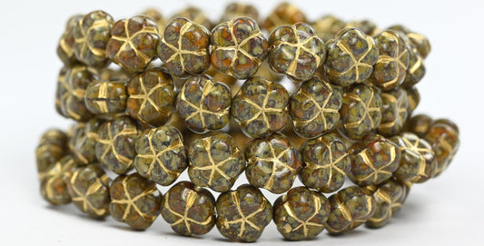 5-Petal Flower Pressed Beads, Orange Stain Strong Gold Lined (81260-86805-54202), Glass, Czech Republic