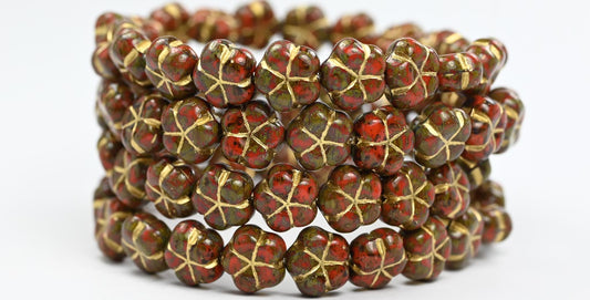 5-Petal Flower Pressed Beads, Red Stain Strong Gold Lined (93190-86805-54202), Glass, Czech Republic