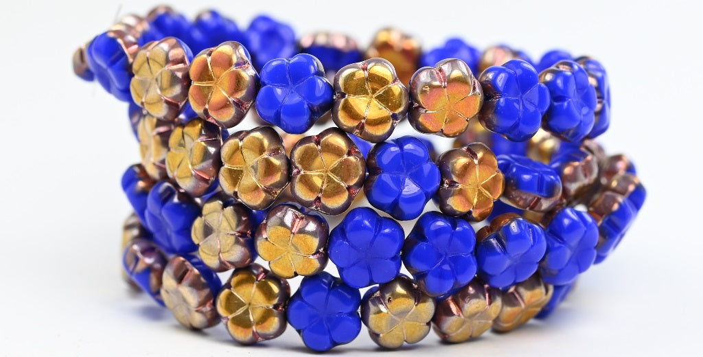 5-Petal Flower Pressed Beads, Rich Blue Rose Gold Capri (33060-27101), Glass, Czech Republic