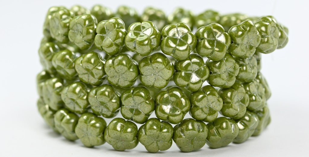 5-Petal Flower Pressed Beads, Opaque Green Hematite (53400-14400), Glass, Czech Republic