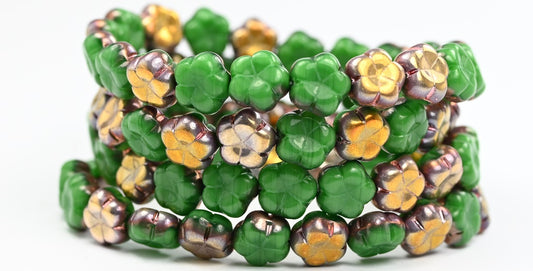 5-Petal Flower Pressed Beads, Mixed Emerald Crystal Rose Gold Capri (56100-27101), Glass, Czech Republic