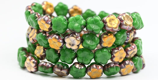 5-Petal Flower Pressed Beads, Mixed Emerald Crystal Rose Gold Capri (56100-27101), Glass, Czech Republic ~ STRANDED