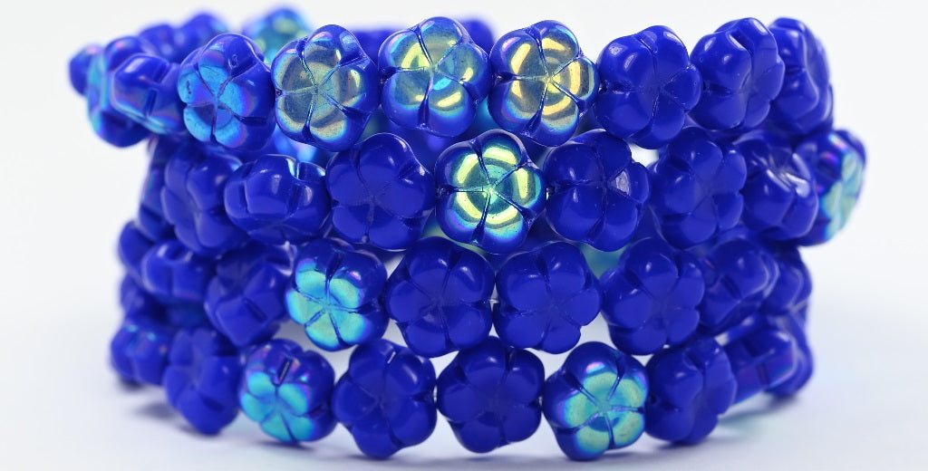 5-Petal Flower Pressed Beads, Rich Blue Ab (33060-AB), Glass, Czech Republic