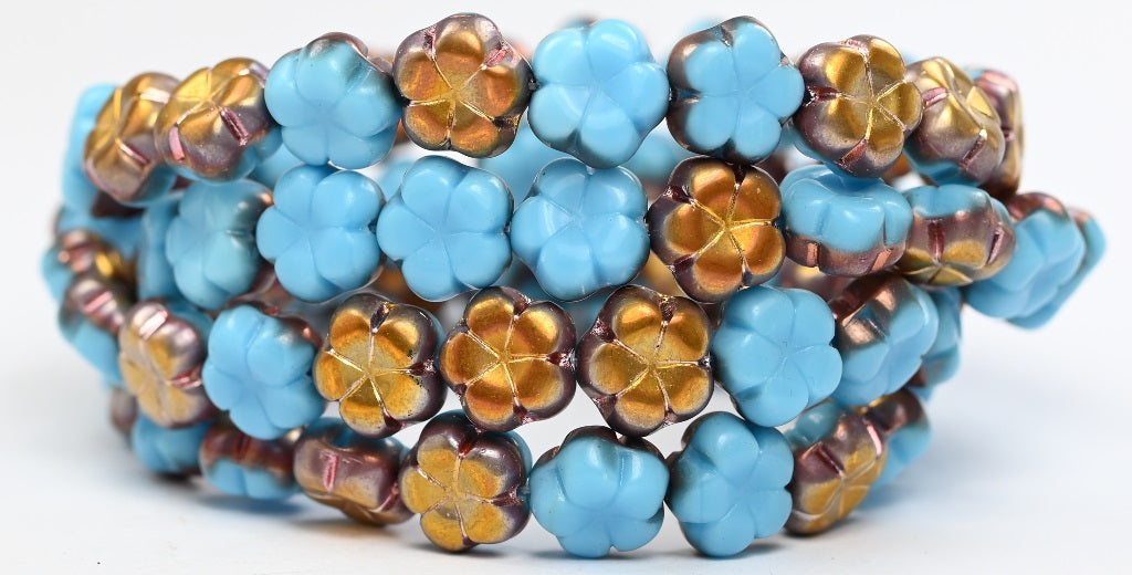 5-Petal Flower Pressed Beads, Turquoise Blue Rose Gold Capri (63030-27101), Glass, Czech Republic