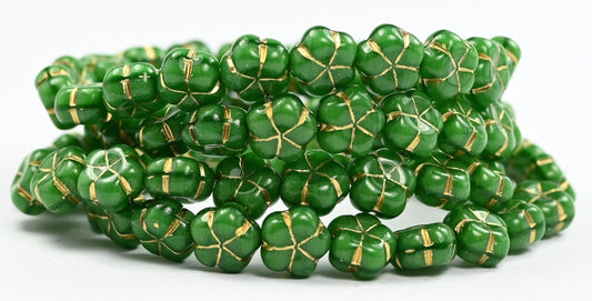 OUTLET 10 grams 5-Petal Flower Pressed Beads, 10 x 10 mm, Mixed Emerald Crystal Gold Lined (56100-54202), Glass, Czech Republic