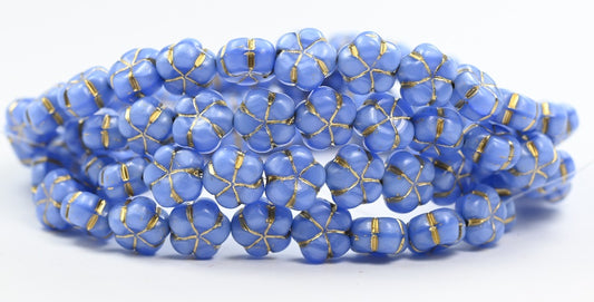 5-Petal Flower Pressed Beads, Opaque Light Blue Gold Lined (33010-54202), Glass, Czech Republic