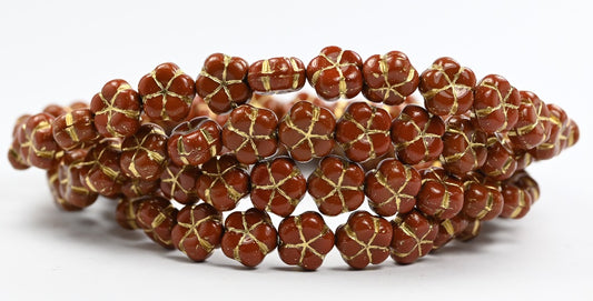 5-Petal Flower Pressed Beads, Opaque Brown Gold Lined (13600-54202), Glass, Czech Republic