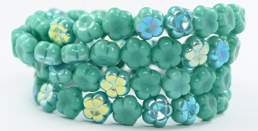 5-Petal Flower Pressed Beads, Turquoise Ab (63130-AB), Glass, Czech Republic