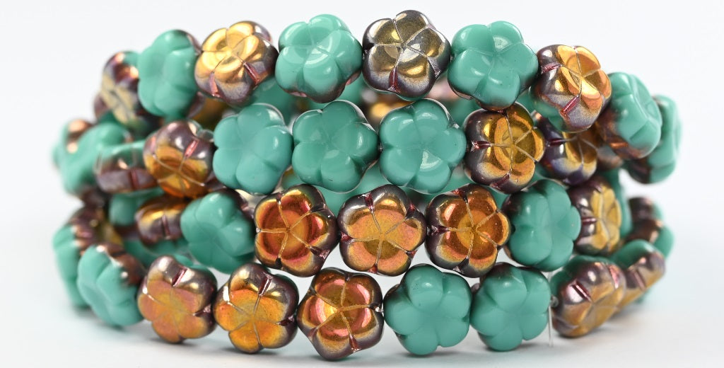 5-Petal Flower Pressed Beads, Turquoise Rose Gold Capri (63130-27101), Glass, Czech Republic