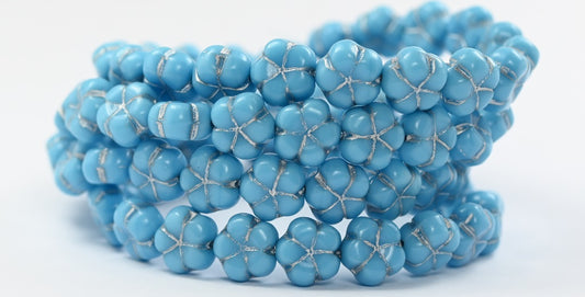 5-Petal Flower Pressed Beads, Turquoise Blue Silver Lined (63030-54201), Glass, Czech Republic