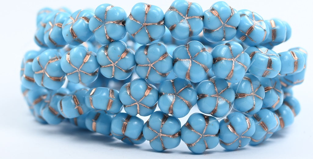 5-Petal Flower Pressed Beads, Turquoise Blue Copper Lined (63030-54200), Glass, Czech Republic