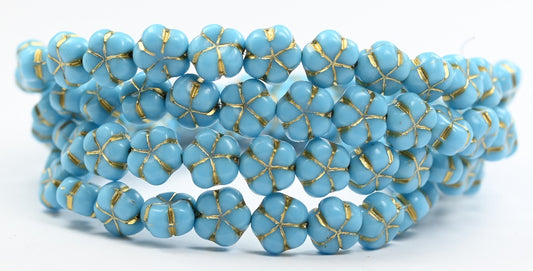 5-Petal Flower Pressed Beads, Turquoise Blue Gold Lined (63030-54202), Glass, Czech Republic