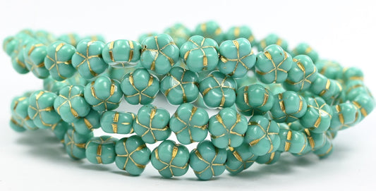 5-Petal Flower Pressed Beads, Turquoise Gold Lined (63130-54202), Glass, Czech Republic