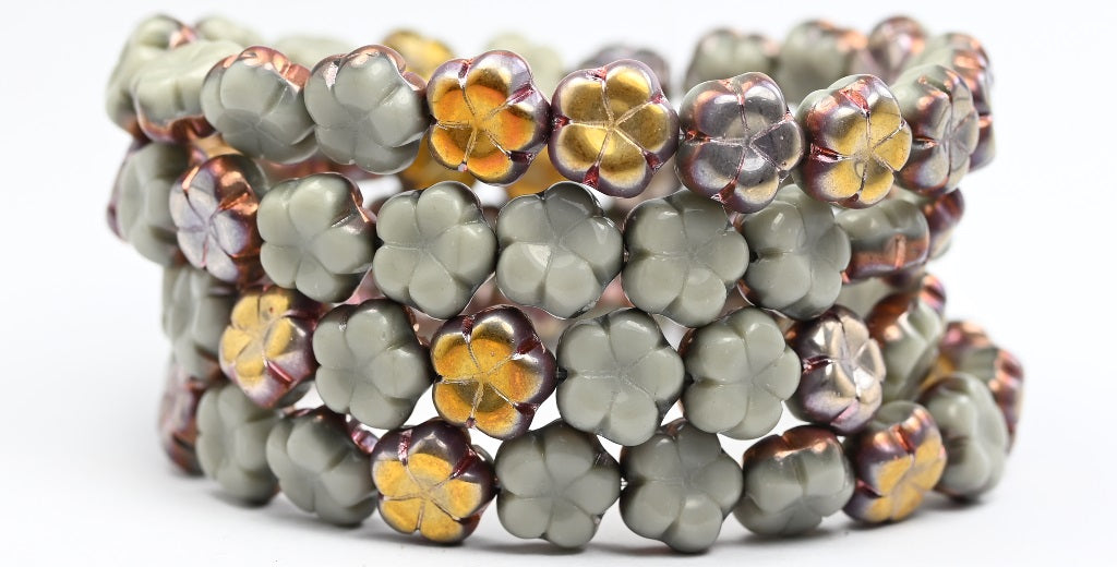 5-Petal Flower Pressed Beads, Opaque Gray Rose Gold Capri (43010-27101), Glass, Czech Republic