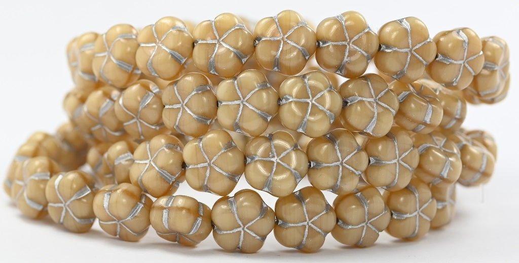 5-Petal Flower Pressed Beads, Silk Beige Silver Lined (14010-54201), Glass, Czech Republic