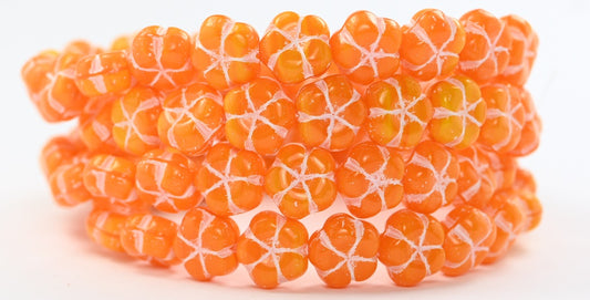 5-Petal Flower Pressed Beads, Orange White Lined (81260-46401), Glass, Czech Republic