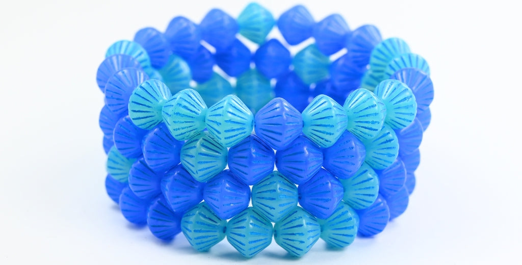 Lantern Bicone Pressed Glass Beads, Mixed Colors Blue Light Blue Lined (MIX-BLUE-46460), Glass, Czech Republic