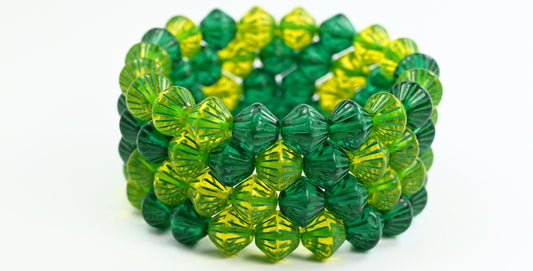 Laternen-Doppelkegel-Pressglasperlen, gemischte Farben, grün, grün gefüttert (MIX-GREEN-46450), Glas, Tschechische Republik