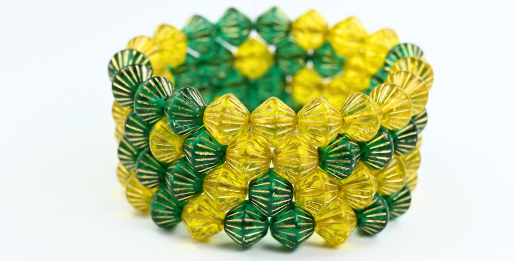 ランタン双円錐型プレスガラスビーズ、カラーミックスカラー5色、ゴールドライン入り（COLOR-MIX-5-54202）、ガラス、チェコ共和国