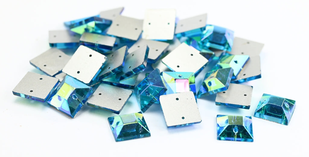 Square Flat Back Faceted Cabochon with Hole Sew-On, Aqua Foiled (AQUA-SIMILI), Glass, Czech Republic