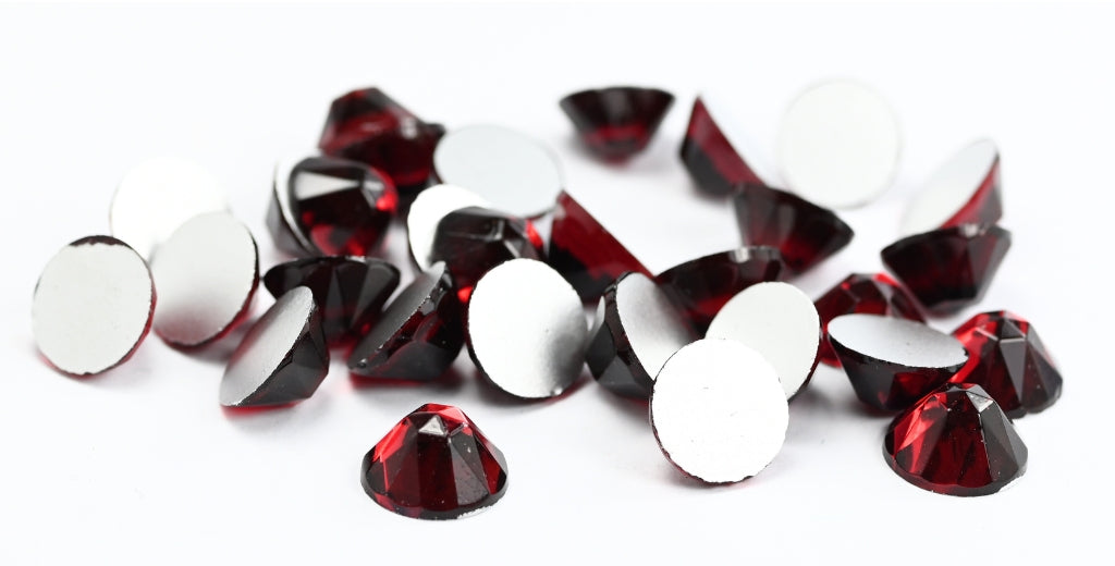 Round Flat Back Faceted Cabochon, Transparent Red 9851 Rubinate Foiled (70350-9851-RUBINATE-SIMILI), Glass, Czech Republic ~ STRANDED