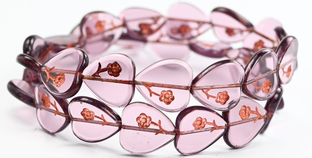 Table Cut Heart Beads With Rose, Transparent Light Amethyst Copper Lined (20050-54200), Glass, Czech Republic