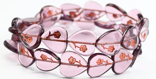 Table Cut Heart Beads With Rose, Transparent Light Amethyst Copper Lined (20050-54200), Glass, Czech Republic