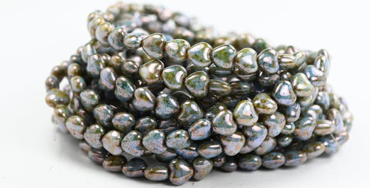 Heart Pressed Glass Beads, White Senegal Blue (02010-15664), Glass, Czech Republic