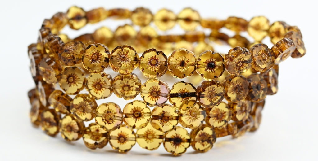 Table Cut Round Beads Hawaii Flowers, Transparent Light Topaz Yellow Travertin (1002008-86800), Glass, Czech Republic