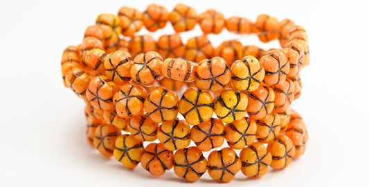 5-Petal Flower Pressed Beads, Orange Black Lined (81240-46769), Glass, Czech Republic