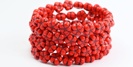 5-Petal Flower Pressed Beads, Red Black Lined (93190-46769), Glass, Czech Republic