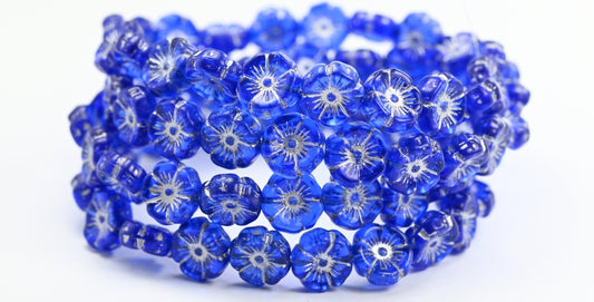 Hawaii Flower Pressed Glass Beads, Transparent Blue Silver Lined (30060-54201), Glass, Czech Republic