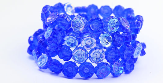 Hawaii Flower Pressed Glass Beads, Transparent Blue Ab (30060-AB), Glass, Czech Republic