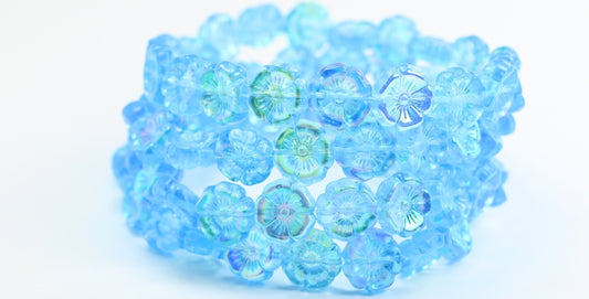 Hawaii Flower Pressed Glass Beads, Transparent Aqua Ab (60020-AB), Glass, Czech Republic