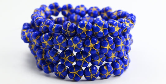 5-Petal Flower Pressed Beads, Opaque Blue Gold Lined (33070-54202), Glass, Czech Republic