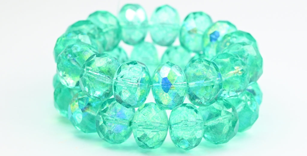 Facettierte, speziell geschliffene Rondellperlen mit Feuerpolierung, Crystal Light Turquoise Ab (00030-34309-AB), Glas, Tschechische Republik