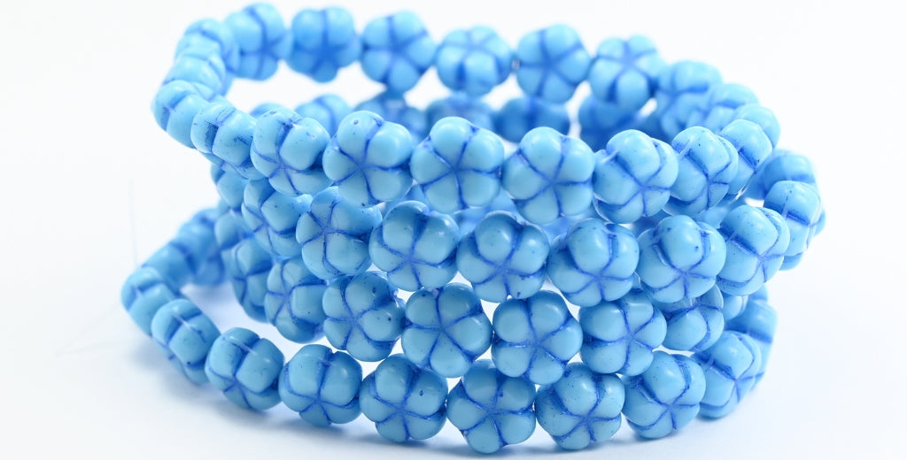 5-Petal Flower Pressed Beads, Turquoise Blue Blue Lined (63030-43812), Glass, Czech Republic