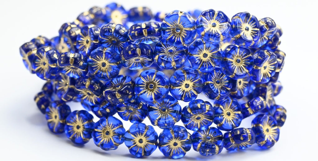 Hawaii Flower Pressed Glass Beads, Transparent Blue Gold Lined (30060-54202), Glass, Czech Republic