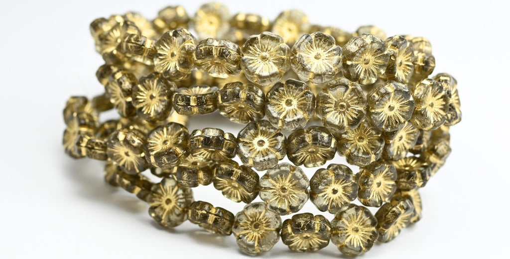 Hawaii Flower Pressed Glass Beads, Transparent Gray Gold Lined (40020-54202), Glass, Czech Republic