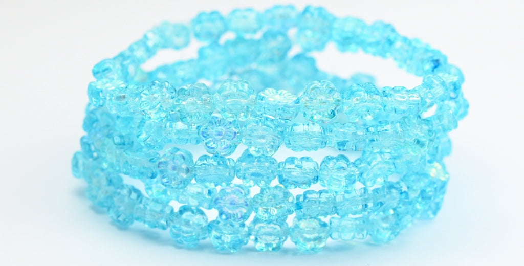 Hawaii Flower Pressed Glass Beads, Crystal Light Blue Ab (00030-34307-AB), Glass, Czech Republic