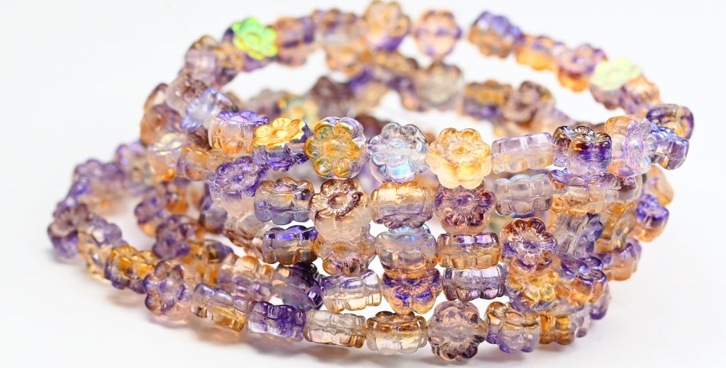 Hawaii Flower Pressed Glass Beads, Crystal Glossy Purple Gold (00030-48107), Glass, Czech Republic