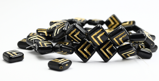 Rhombus Pressed Glass Beads, Black Gold Lined (23980-54202), Glass, Czech Republic